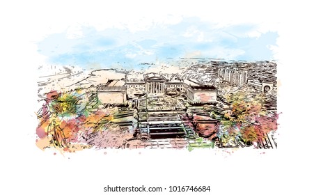 Philadelphia Museum of Art, City in Pennsylvania, USA. Watercolor splash with hand drawn sketch illustration in vector.