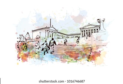 Philadelphia Museum of Art, City in Pennsylvania, USA. Watercolor splash with hand drawn sketch illustration in vector.