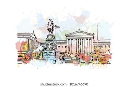 Philadelphia Museum of Art, City in Pennsylvania, USA. Watercolor splash with hand drawn sketch illustration in vector.