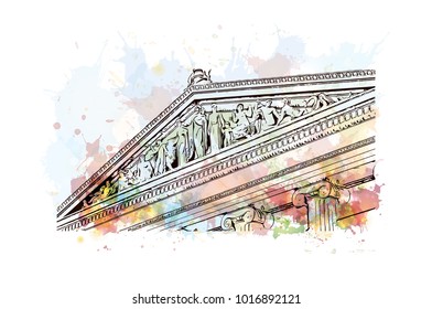 Philadelphia Museum, City in Pennsylvania, USA. Watercolor splash with hand drawn sketch illustration in vector.