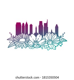 Philadelphia, PA, USA, Flowers with Vintage Skyline Design. Floral frame ornament vector style. Decoration Design Silhouette illustration.