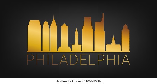 Philadelphia, PA, USA Gold Skyline City Silhouette Vector. Golden Design Luxury Style Icon Symbols. Travel and Tourism Famous Buildings.
