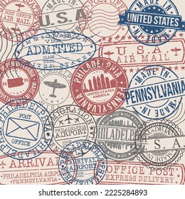 Philadelphia, PA, USA Set of Stamps. Travel Stamp. Made In Product. Design Seals Old Style Insignia.