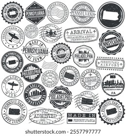 Philadelphia, PA, USA Set of Stamps. City Travel Marks. Made In Product. Design Seals Old Style Insignia.