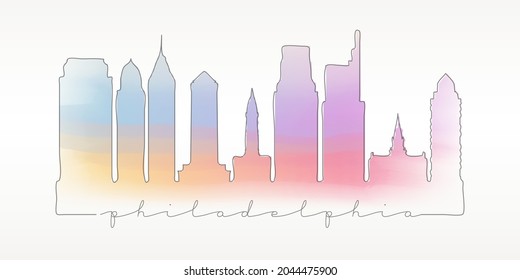 Philadelphia, PA, USA Skyline Watercolor City Illustration. Famous Buildings Silhouette Hand Drawn Doodle Art. Vector Landmark Sketch Drawing.