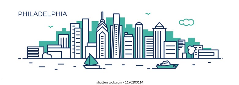 Philadelphia panorama city. Flat line style. For banner, presentation, cards, web page. Vector illustration