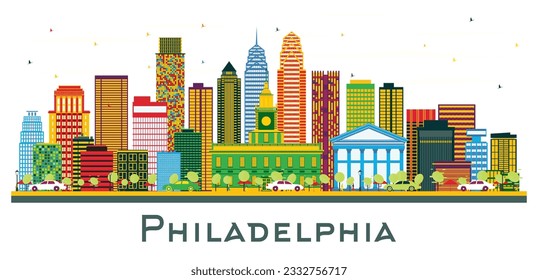 Philadelphia Pennsylvania City Skyline mit Farbbauten Einzeln auf Weiß. Vektorgrafik. Business Travel and Tourism Konzept mit Philadelphia City. Philadelphia Stadtlandschaft mit Wahrzeichen.