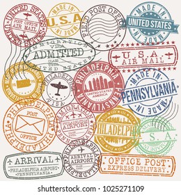 Philadelphia Pennsylvania Stamp Vector Art Postal Passport Travel Design Set Badges.