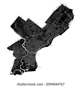 Philadelphia, Pennsylvania, United States, high resolution vector map with city boundaries, and editable paths. The city map was drawn with white areas and lines for main roads, side roads and waterco