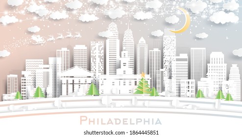 Philadelphia Pennsylvania USA City Skyline in Paper Cut Style with Snowflakes, Moon and Neon Garland. Vector Illustration. Christmas and New Year Concept. Santa Claus on Sleigh.