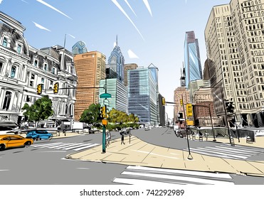 Philadelphia. Pennsylvania. USA. Hand drawn.Unusual Street sketch, vector illustration