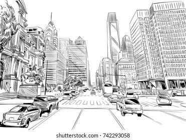 Philadelphia. Pennsylvania. USA. Hand drawn.Unusual Street sketch, vector illustration