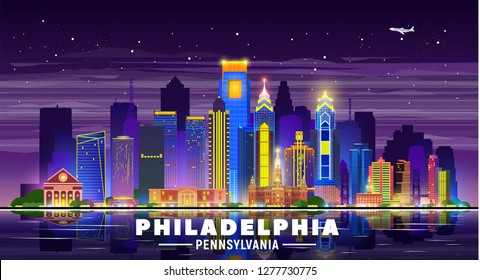 Philadelphia ( Pennsylvania USA ) night skyline with panorama at sky background. Vector Illustration. Business travel and tourism concept with modern buildings. Image for banner or web site.