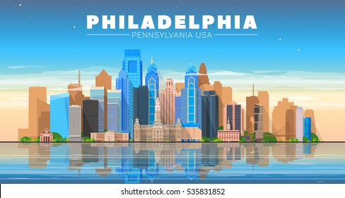 Philadelphia ( Pennsylvania USA ) skyline with panorama in evening sky background. Vector Illustration. Business travel and tourism concept with modern buildings.  Image for banner or web site.