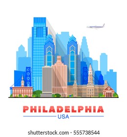 Philadelphia ( Pennsylvania USA ) skyline with panorama in white background. Vector Illustration. Business travel and tourism concept with modern buildings. Image for presentation, banner, web site.