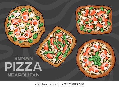  Philadelphia pizza with salmon, shrimps, tomatoes, mozzarella, capers, Philadelphia cheese. Hand-drawn vector illustration