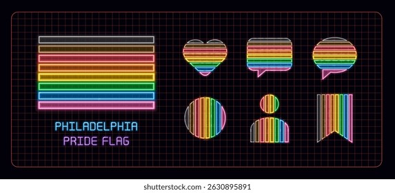 Philadelphia pride flag icon set, neon glow visuals. Pride month, gender and sexual orientation diversity theme.