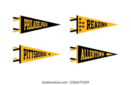 Philadelphia, Reading, Pittsburgh, Allentown sport Pennant Flags Set. Vector Football pendant Icons. University USA Sport flag, isolated
