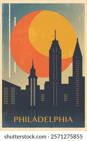 Philadelphia retro city poster with abstract shapes of skyline, buildings. USA, Pennsylvania state vintage travel vector illustration, cityscape at sunrise, sunset