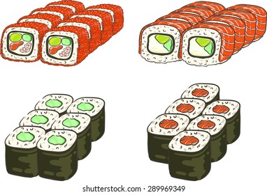 Philadelphia roll, California roll, sushi roll with salmon, nori and rice, sushi roll with cucumber, nori and rice. Isolated set