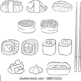Philadelphia roll with caviar, crab, avocado, cucumber, salmon, sushi with wakame, with eel, with red caviar, with a shrimp, roll California. Soy sauce, chopsticks, wasabi, pickled ginger. Isolated