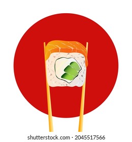 Philadelphia roll with chopsticks on red background, japan. EPS 10