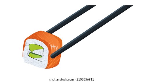 The Philadelphia roll is held on with black chopsticks. Japanese cuisine in the restaurant. Japanese food. Isolated on white background. Flat style. Vector illustration.