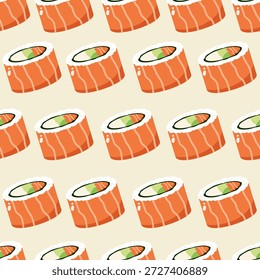Philadelphia Rolle Sushi nahtlose Muster. Köstliches asiatisches Gericht. Kann für Tapete, Papierverpackung, Küchendekoration und Lebensmittelelement verwendet werden