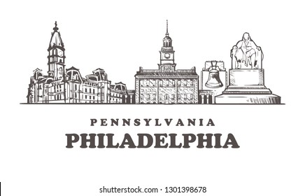 Philadelphia sketch skyline. Philadelphia, Pennsylvania hand drawn vector illustration. Isolated on white background.