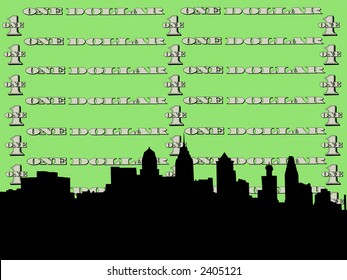 Philadelphia skyline against one dollar bill