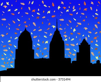 Philadelphia skyline in autumn with falling leaves
