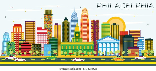 Philadelphia Skyline with Color Buildings and Blue Sky. Vector Illustration. Business Travel and Tourism Concept with Philadelphia City. Image for Presentation Banner Placard and Web Site.