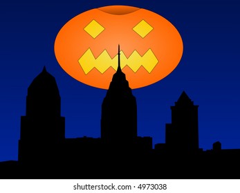 Philadelphia skyline with giant halloween pumpkin