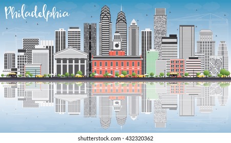 Philadelphia Skyline with Gray Buildings, Blue Sky and Reflections. Vector Illustration. Business Travel and Tourism Concept with Philadelphia City Buildings. Image for Presentation Banner Placard