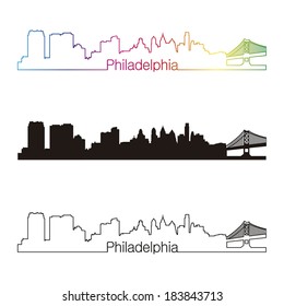 Philadelphia skyline linear style with rainbow in editable vector file