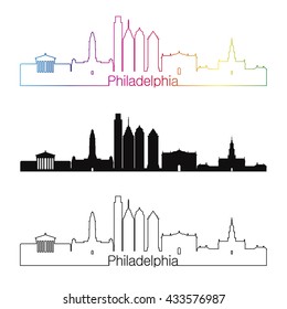 Philadelphia skyline linear style with rainbow in editable vector file