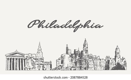 Philadelphia skyline, Pennsylvania, USA, handgezeichnete Vektorgrafik, Skizze