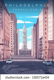 Philadelphia skyline poster. United states Pennsylvania, sunny day in Philadelphia vector illustration.