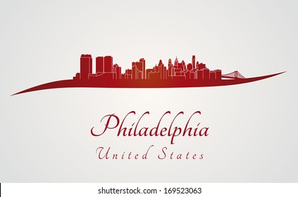 Philadelphia skyline in red and gray background in editable vector file