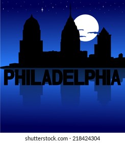 Philadelphia skyline reflected with text and moon vector illustration