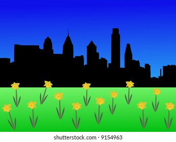 Philadelphia skyline in spring with daffodils illustration