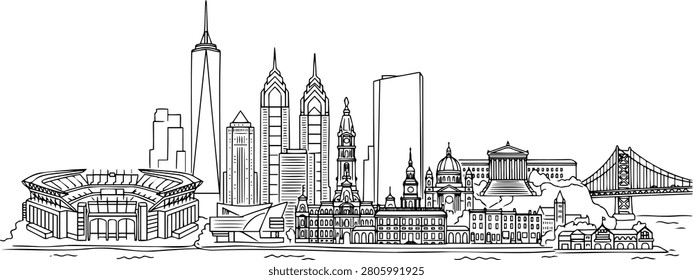 Philadelphia Skyline Vector Art Minimalist Black Line Drawing City Silhouette
