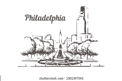 Philadelphia street sketch. Philadelphia hand drawn vintage vector illustration. Isolated on white background.