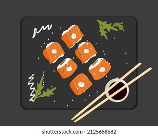 philadelphia sushi are beautifully laid out with sauce top view on a black background. vector illustration of japanese food