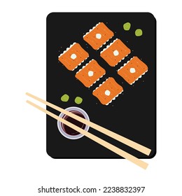 philadelphia sushi are beautifully laid out with sauce top view on a black background. vector illustration of japanese food