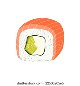 Philadelphia sushi roll with avocado and cream cheese wrapped in salmon slice. Vector clipart. 