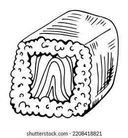 Philadelphia sushi roll in black and white sketch style vector illustration isolated on white background. Traditional japanese asian oriental food with salmon, rice, cheese.