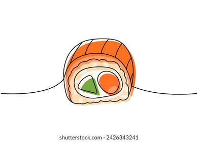 Rollo de sushi de Filadelfia una línea de dibujo continuo de color. Cocina japonesa, comida tradicional continua ilustración de una línea.