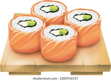 Philadelphia Sushi roll set on wooden plate, sliced sushi roll with salmon, oil paint style, digital paint, on white background. Asian food, japanese food, casual food hand drawn digital illustration.