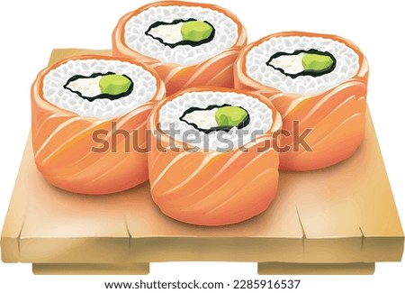 Philadelphia Sushi roll set on wooden plate, sliced sushi roll with salmon, oil paint style, digital paint, on white background. Asian food, japanese food, casual food hand drawn digital illustration. Stockfoto © 